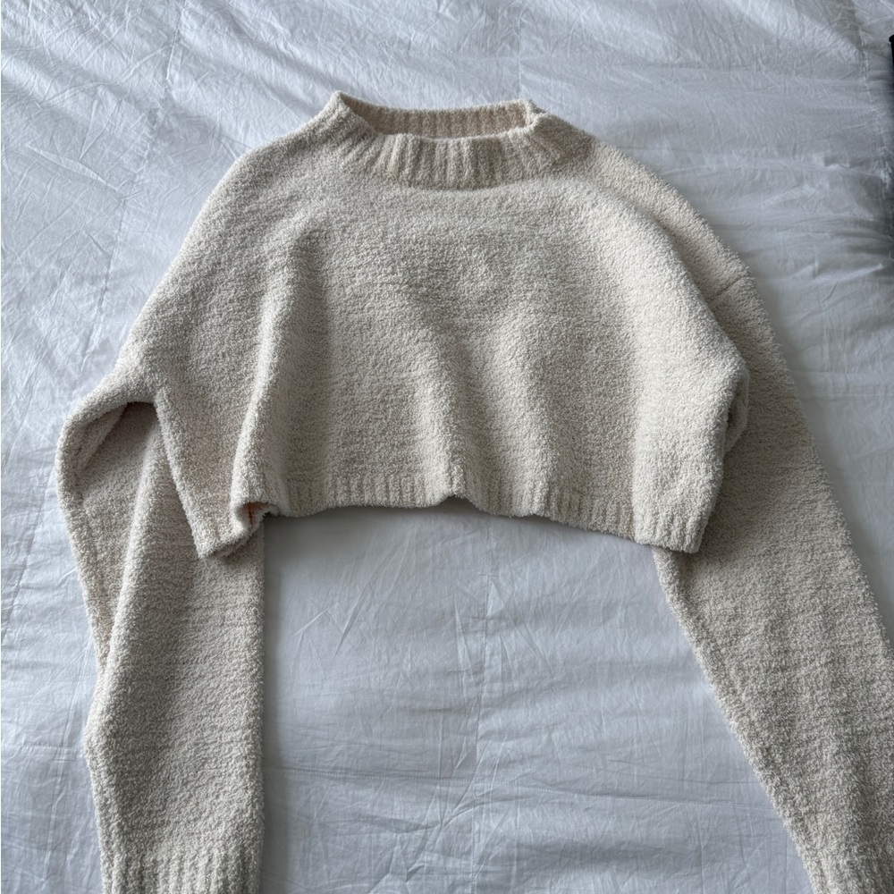 Princess Polly Cropped Bouclé Crewneck Sweater in Cream